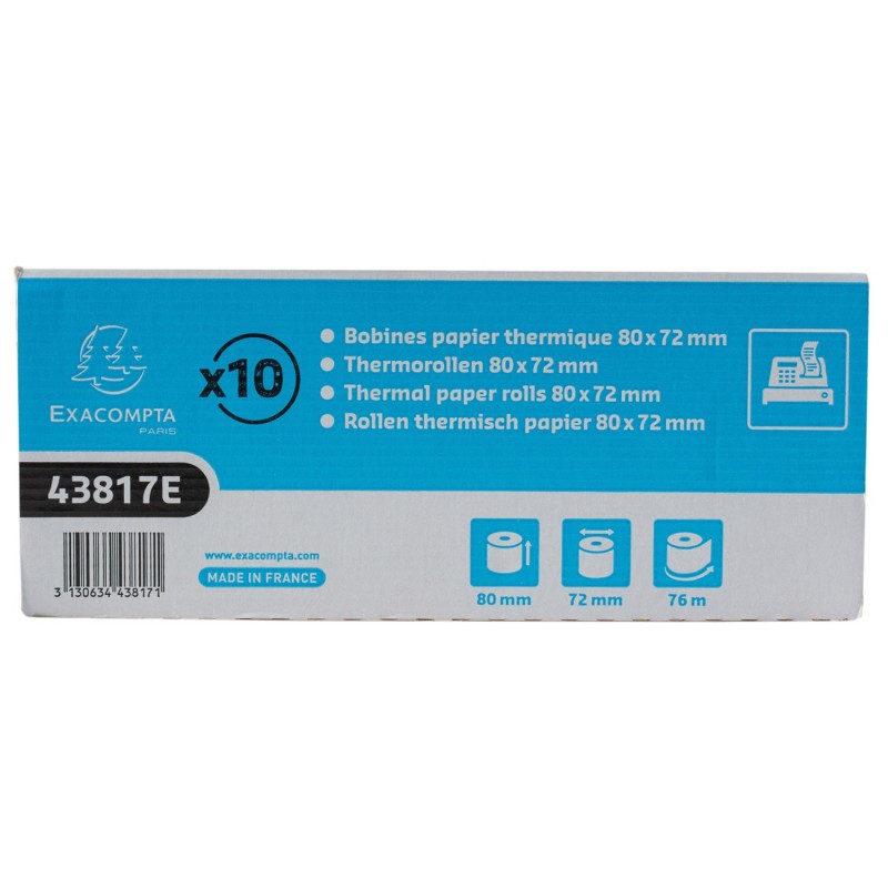Exacompta Bobine tickets de caisse 80 x 72 x 12 mm - Longueur 76M - 43817E - Rouleau Papier thermique 1 pli 48 g sans Bisphénol A - Lot de 10