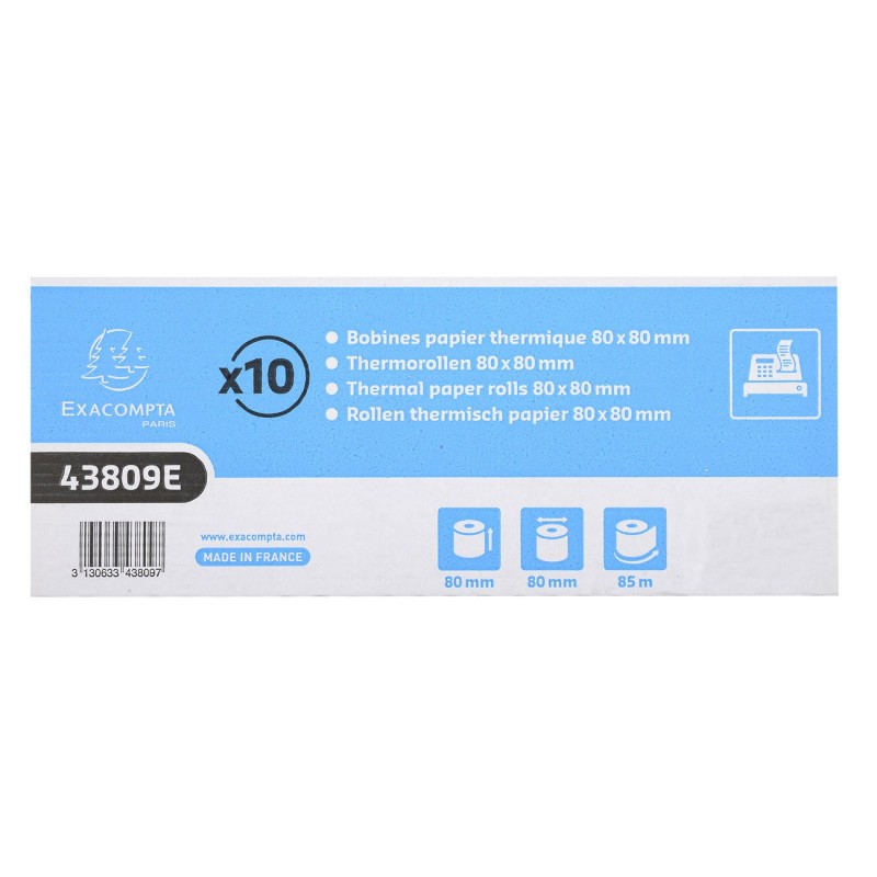 Exacompta Bobine tickets de caisse 80 x 80 x 12 mm - Longueur 85M - 43809E - Rouleau Papier thermique 1 pli 48g sans Bisphénol A - Lot de 10