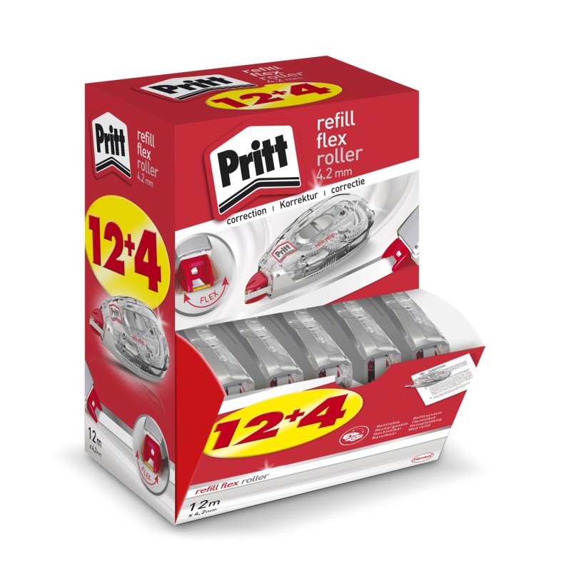 Pritt Roller de correction rechargeable Flex 4,2mm x 12m Translucide - Pack de 12 + 4 OFFERTS