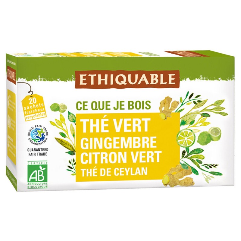 Ethiquable Sachets de thé vert de Ceylan gingembre citron vert - Boîte de 20