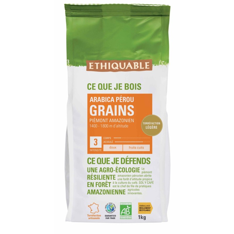 Ethiquable Café en grains  du Pérou, 100% Arabica d'altitude Bio et équitable - Intensité 3 - 1 kg