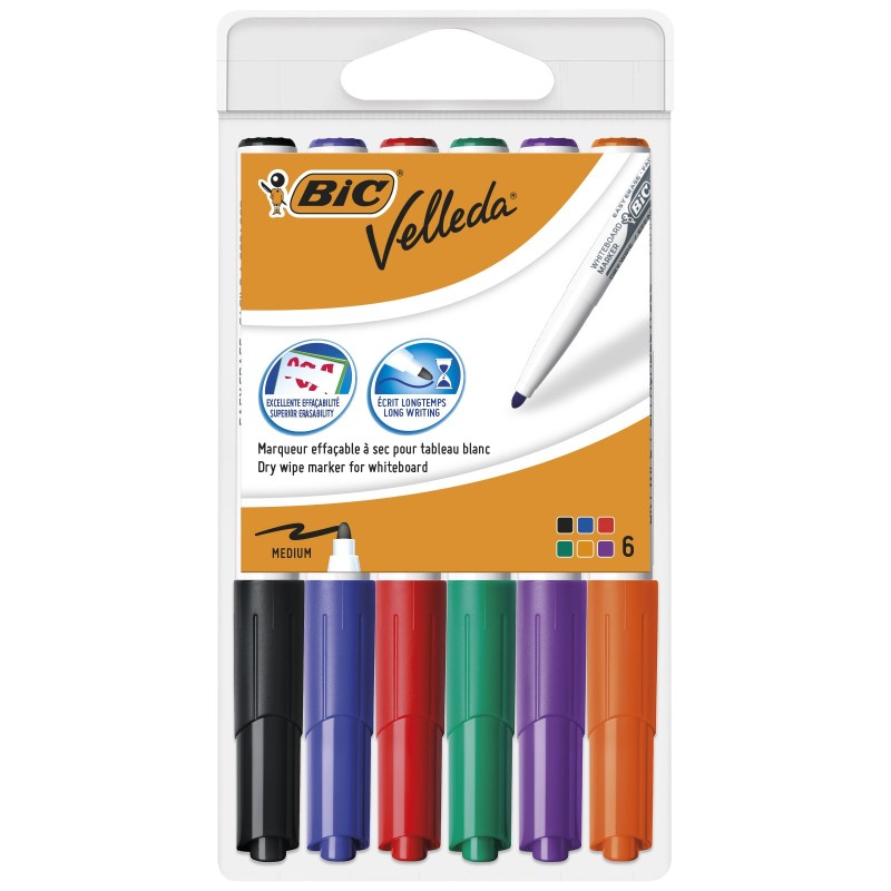 BIC Velleda 1741 Marqueur effaçable tableau blanc pointe ogive 1,4 mm - Pochette 6 couleurs