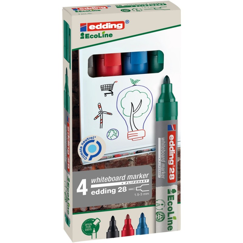 edding 28 EcoLine Marqueur effaçable tableau blanc - 90% de plastique recyclé - pointe ogive 1,5 - 3 mm - Pochette 4 couleurs