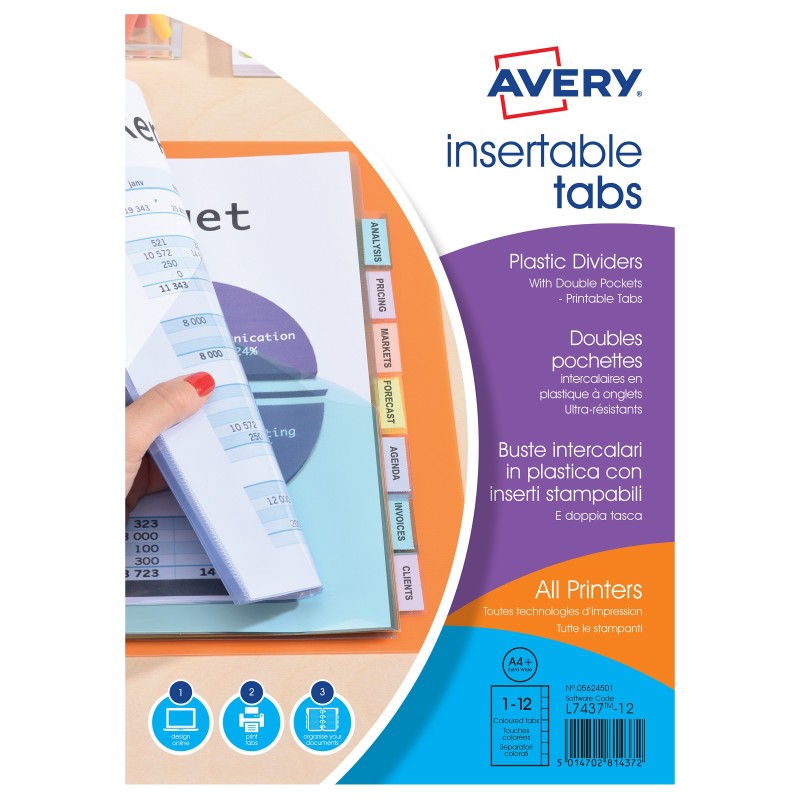 Avery Intercalaires doubles pochettes à onglets personnalisables A4+ - 12 touches