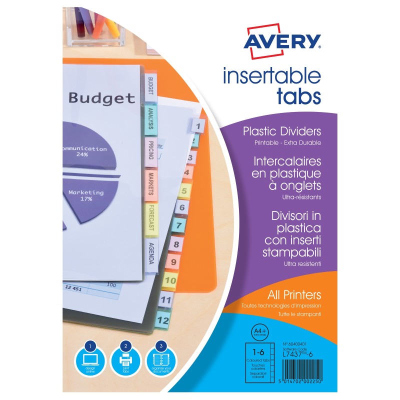 Avery Intercalaires à onglets personnalisables en polypropylène maxi A4+ - 6 touches