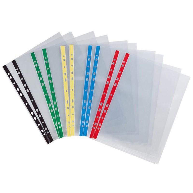 RAJA Pochette perforée lisse A4 polypropylène 90 microns 11 trous transparente avec bandes de couleur - Lot de 10