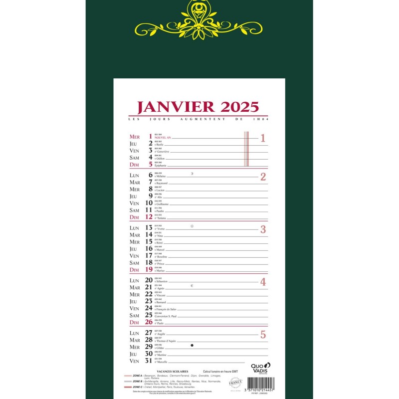 Quo Vadis Calendrier mural bloc mensuel - 20 x 41,5 cm - Vert - 2025