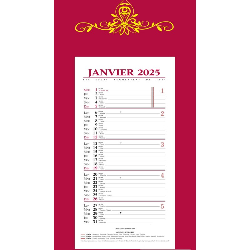 Quo Vadis Calendrier mural bloc mensuel - 16 x 33,5 cm - Rouge - 2025