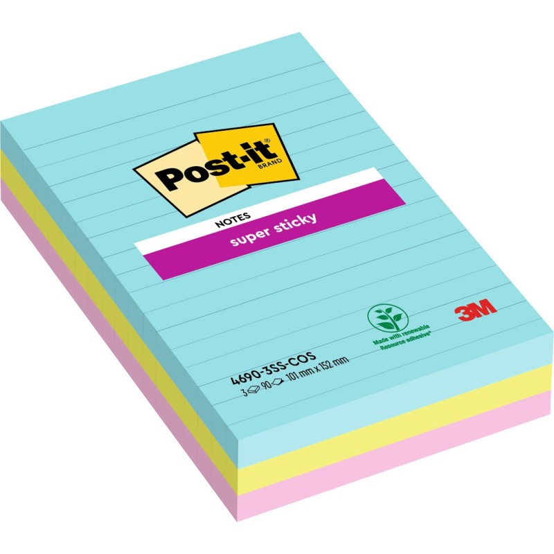 Post-it Bloc de notes Super Sticky lignées 101 x 152 mm collection multicolore Miami - lot de 3 blocs de 90 feuilles