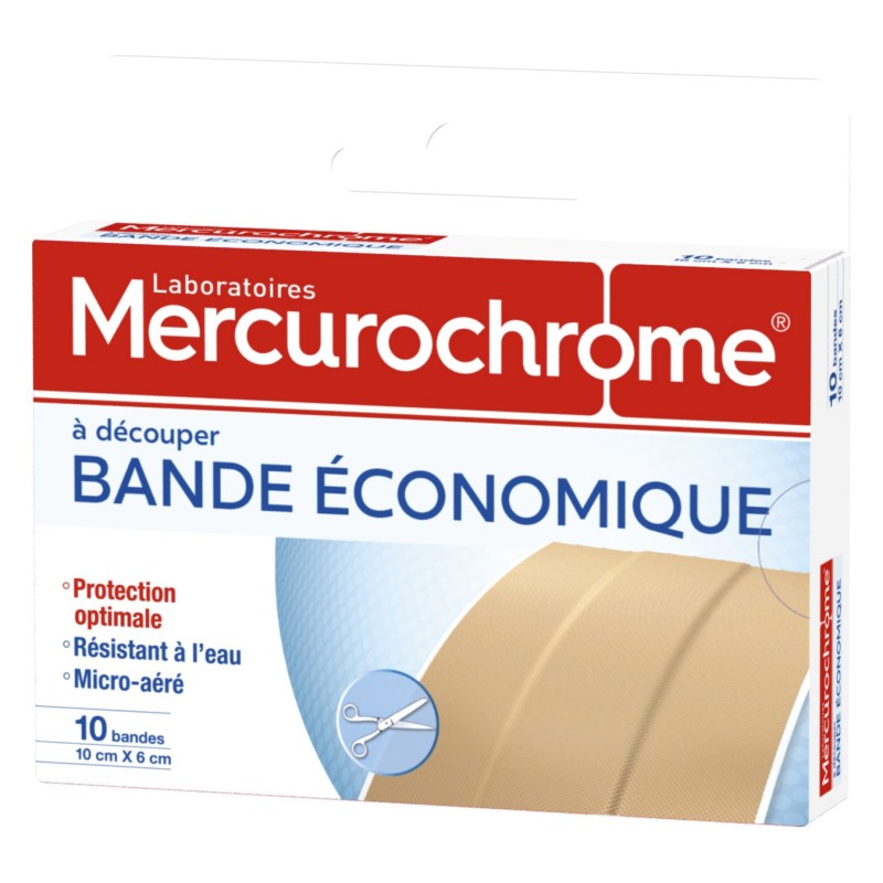 Mercurochrome Pansement Bandes à découper - Eco - 10 cm x 6 cm - Boite de 10 bandes