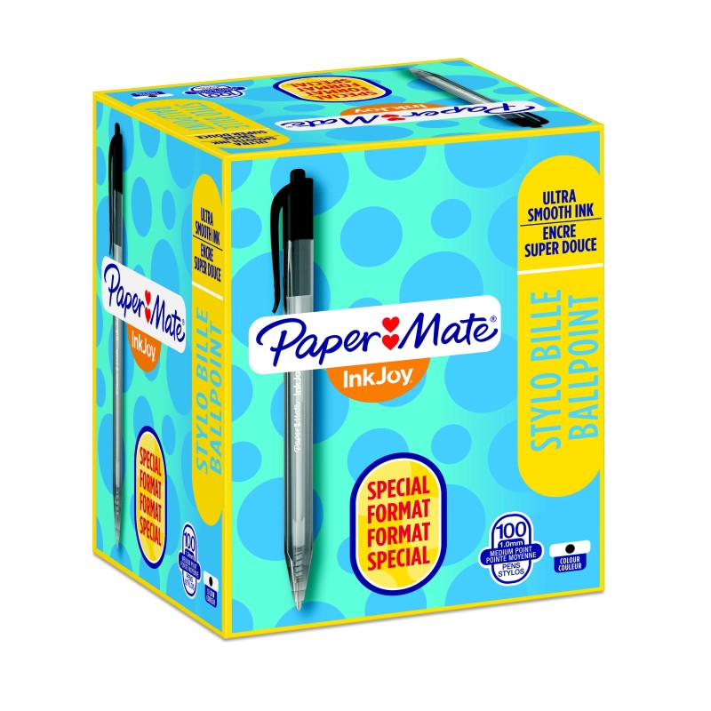 Paper Mate InkJoy 100 RT Stylo bille rétractable pointe moyenne 1 mm noir - Boîte de 80 + 20 OFFERTS