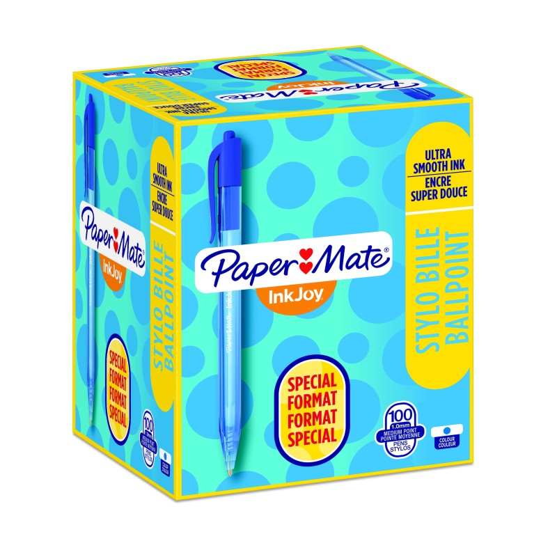 Paper Mate InkJoy 100 RT Stylo bille rétractable pointe moyenne 1 mm bleu - Boîte de 80 + 20 OFFERTS