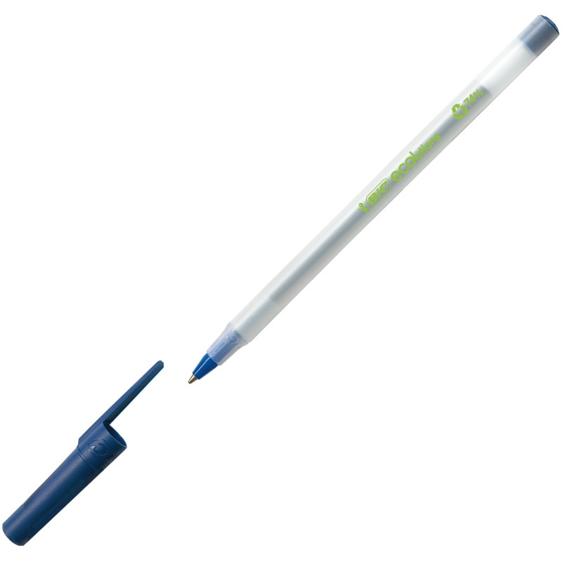 BIC Stylo bille, Ecolutions Round Stic, pointe moyenne (1 mm), corps en polypropylène, encre bleue