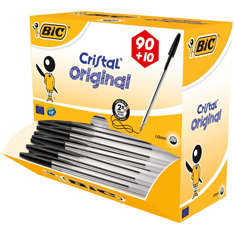 BIC Cristal Original Stylo bille à capuchon pointe moyenne 1 mm noir - Pack Promo 90 + 10 OFFERTS