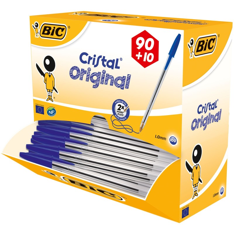 BIC Cristal Original Stylo bille à capuchon pointe moyenne 1 mm bleu - Pack Promo 90 + 10 OFFERTS