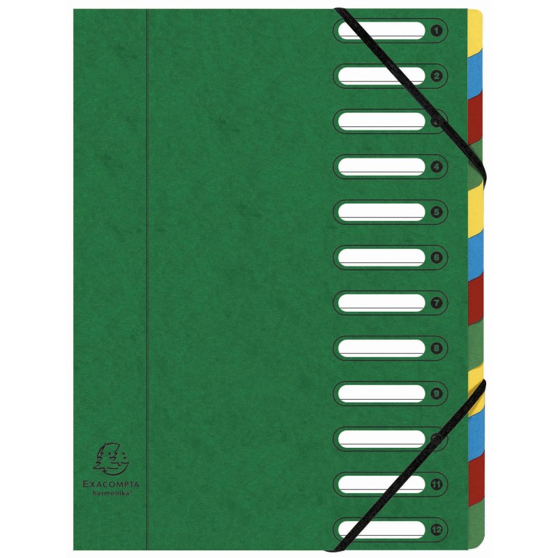 Exacompta Trieur à élastiques Harmonika à fenêtres - véritable carte lustrée - 12 divisions - Vert