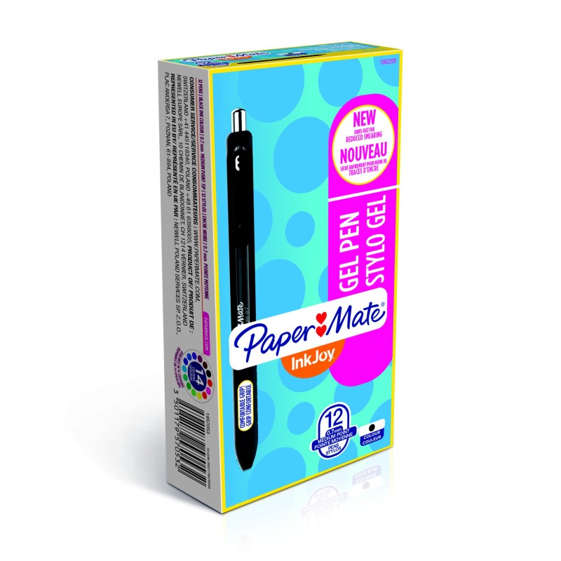 Paper Mate InkJoy® stylo à encre gel rétractable, pointe moyenne de 0,7 mm, corps noir translucide avec zone de préhension, encre noire
