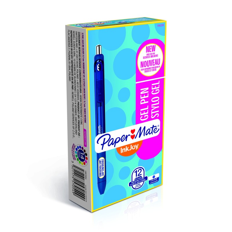 Paper Mate InkJoy® stylo à encre gel rétractable, pointe moyenne de 0,7 mm, corps bleu translucide avec zone de préhension, encre bleue