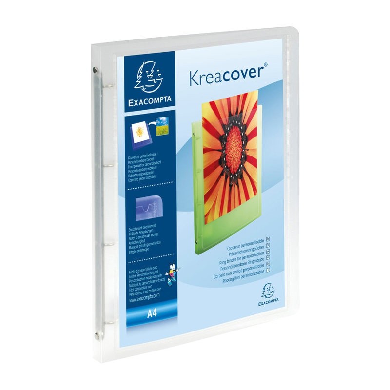 Exacompta Classeur souple 4 anneaux 15 mm Kreacover personnalisable A4 polypropylène translucide - Dos 2 cm - Incolore