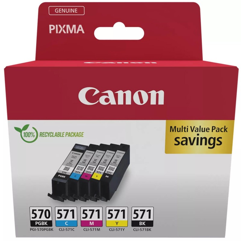 Canon PGI-570 / CLI-571 Cartouche d'encre authentique 0372C006 - Pack de 5 (Noir, Noir Photo, Cyan, Magenta, Jaune)
