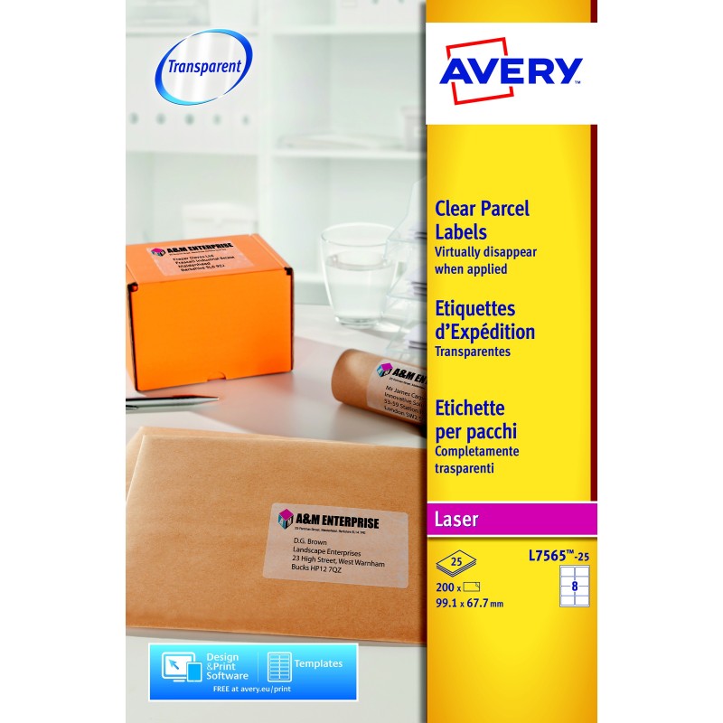 Avery L7565 Etiquettes adresses transparentes laser 99,1 x 67,7 mm - Boîte de 200