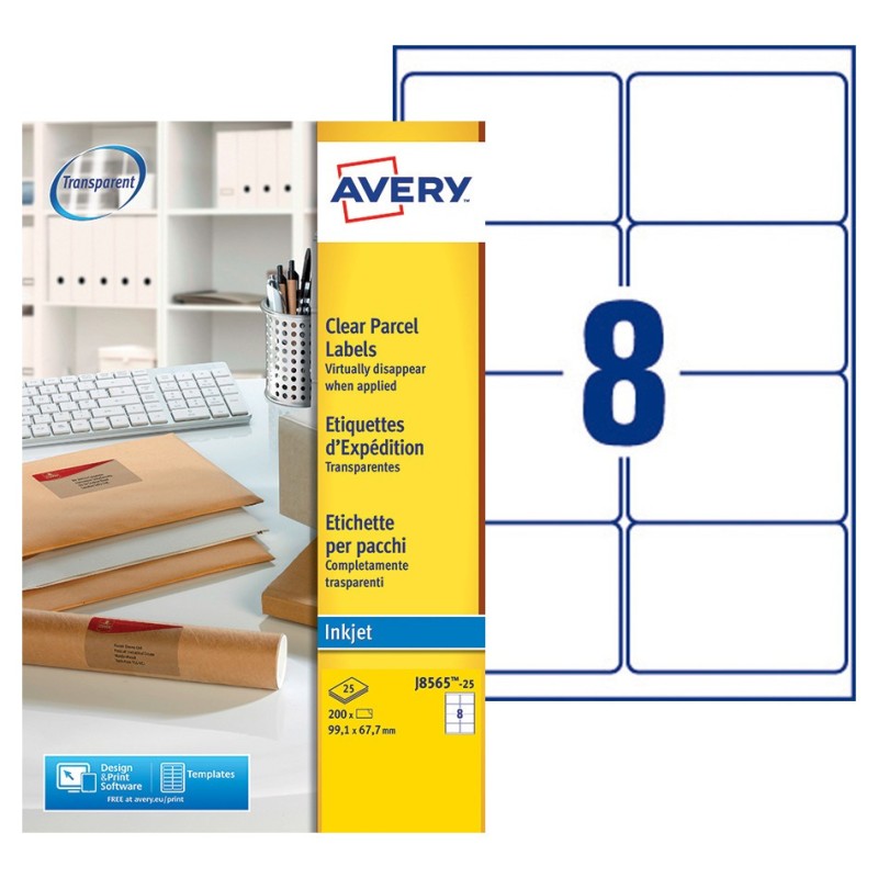Avery J8565 Etiquettes d'expédition transparentes jet d'encre 99,1 x 67,7 mm - Boîte de 200