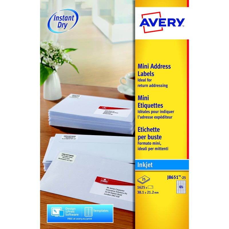 Avery J8651 Mini étiquettes adresses blanches jet d'encre 38,1 x 21,2 mm - Boîte de 1625