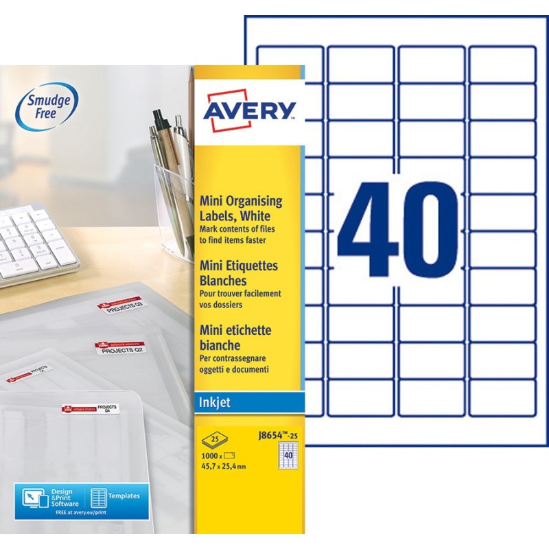 Avery J8654 Mini étiquettes blanches multi-usages jet d'encre 45,7 x 25,4 mm - Boîte de 1000