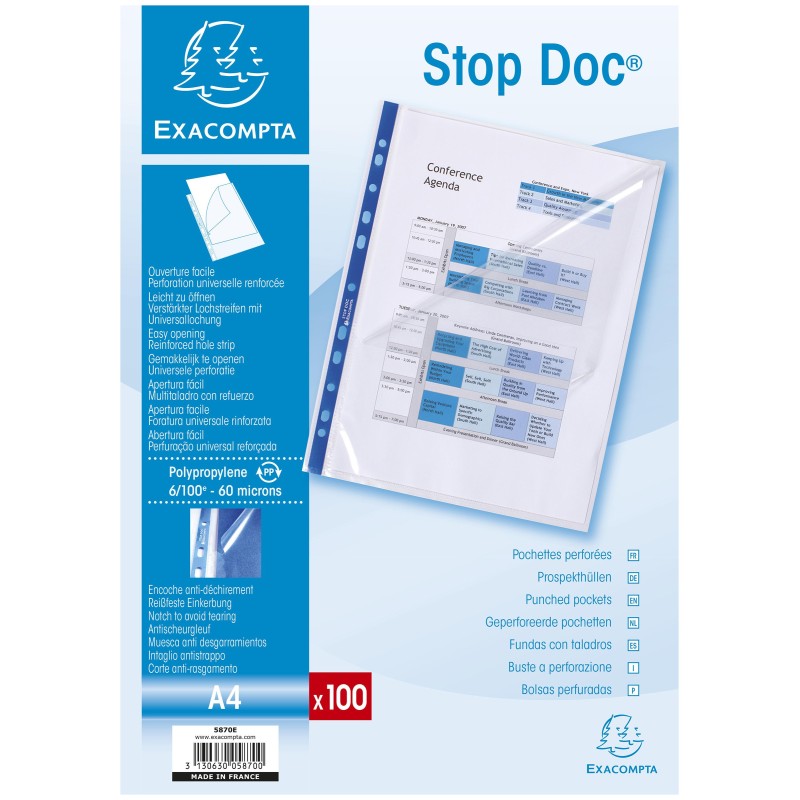 Exacompta Stop Doc, Pochette perforée  A4 à ouverture en coin, polypropylène 6/100 e, 11 trous, transparente