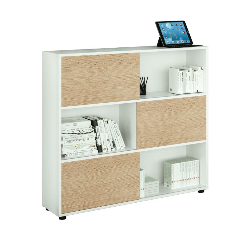 Bibliothèque Svenja 6 cases avec 3 portes coulissantes - L. 120 x H. 116,2 cm - Chêne et Blanc