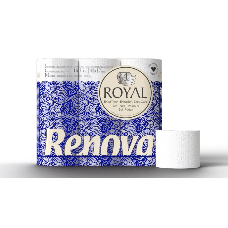 Renova Papier toilette en rouleaux standard Royal quadruple épaisseur - Rouleau de 140 feuilles - Blanc - Carton de 63 rouleaux