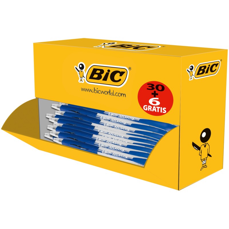 BIC Atlantis Classic Stylo bille rétractable avec grip pointe moyenne 1 mm bleu - Boîte de 30 + 6 OFFERTS