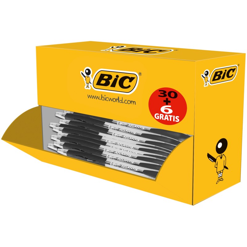 BIC Atlantis Classic Stylo bille rétractable avec grip pointe moyenne 1 mm noir - Boîte de 30 + 6 OFFERTS