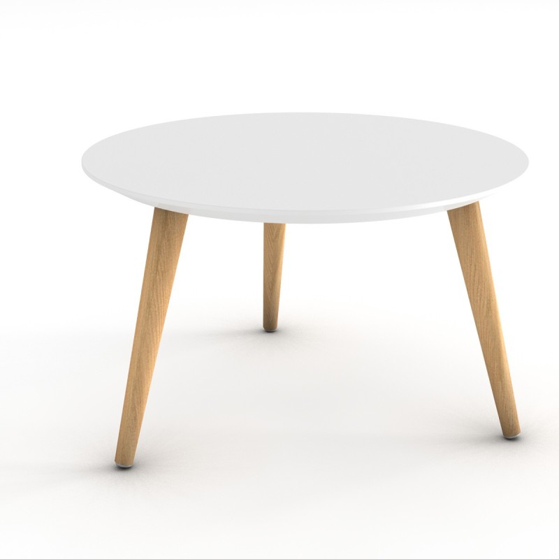 Table basse Marit, plateau rond laqué blanc, 3 pieds bois naturel