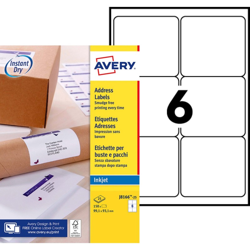 Avery J8166 Etiquettes d'expédition blanches jet d'encre 99,1 x 93,1 mm - Boîte de 150