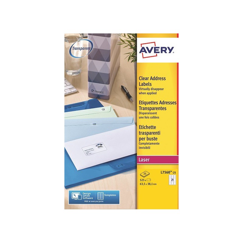 Avery L7560 Etiquettes adresses transparentes laser 63,5 x 38,1 mm - Boîte de 525