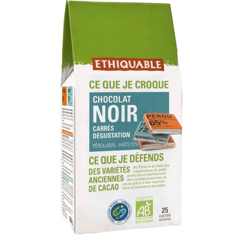Ethiquable Paquet de 25 Carrés dégustation de chocolat noir Napolitains Haiti 72% Pérou 65% bio et équitable - Paquet de 100g