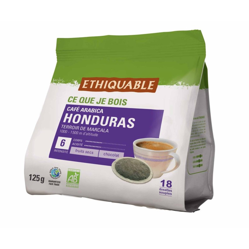 Ethiquable Paquet de 18 dosettes de café Honduras Bio et équitable - Intensité 6 - Compatible SENSEO