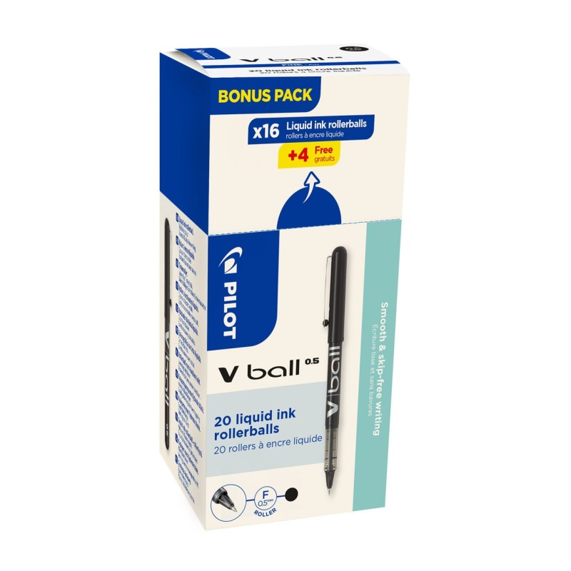 Pilot V Ball Stylo roller encre liquide à capuchon pointe fine 0,5 mm noir (Pack Promo 16 + 4 OFFERTS)