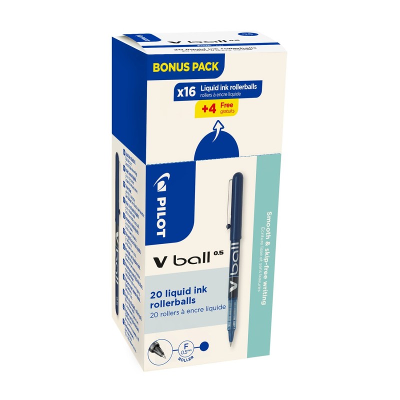 Pilot V Ball Stylo roller encre liquide à capuchon pointe fine 0,5 mm bleu (Pack Promo 16 + 4 OFFERTS)
