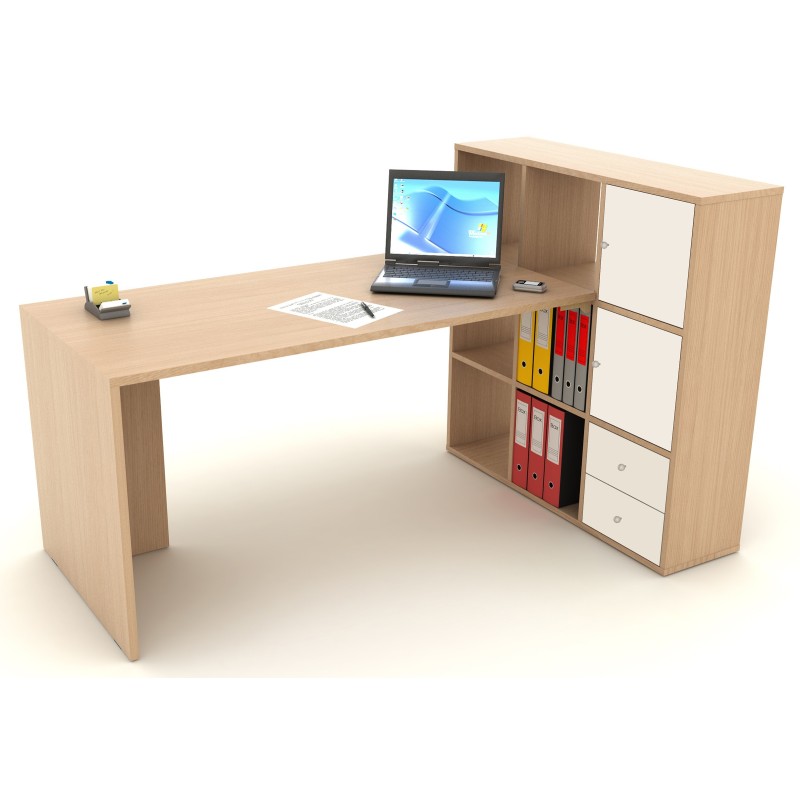Bureau Cosito L. 140 x P. 69 cm avec rangement 9 cases intégré -  Chêne