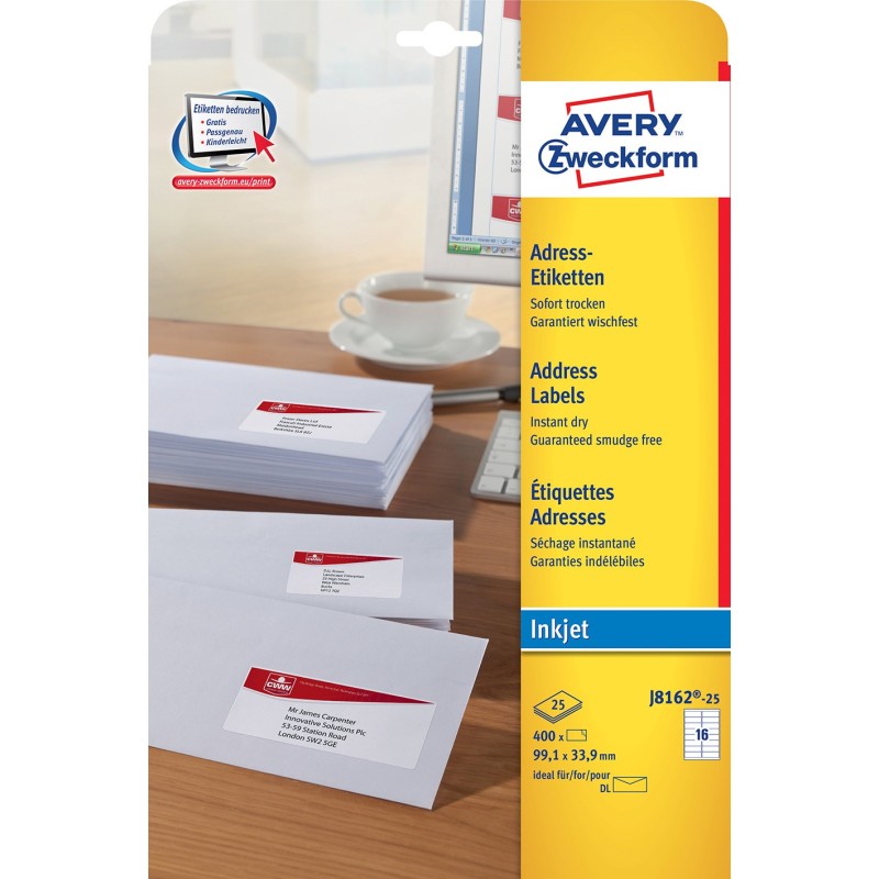Avery J8162 Etiquettes adresses blanches jet d'encre 99,1 x 33,9 mm - Boîte de 400