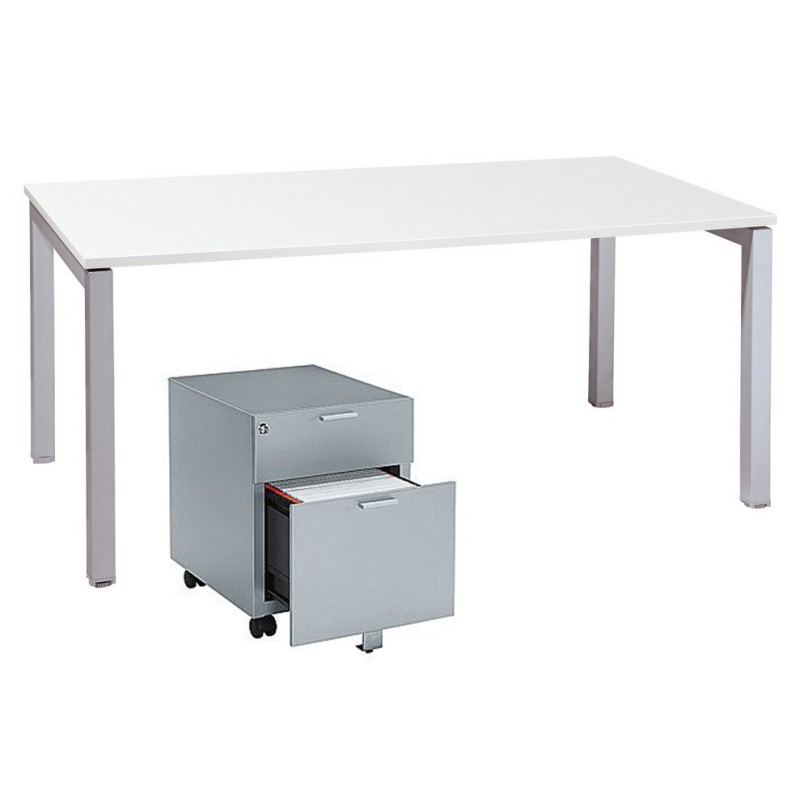 Pack Actual : 1 bureau L. 140 x P. 80 cm - Plateau Blanc - 4 pieds Aluminium + 1 caisson métal 2 tiroirs Aluminium