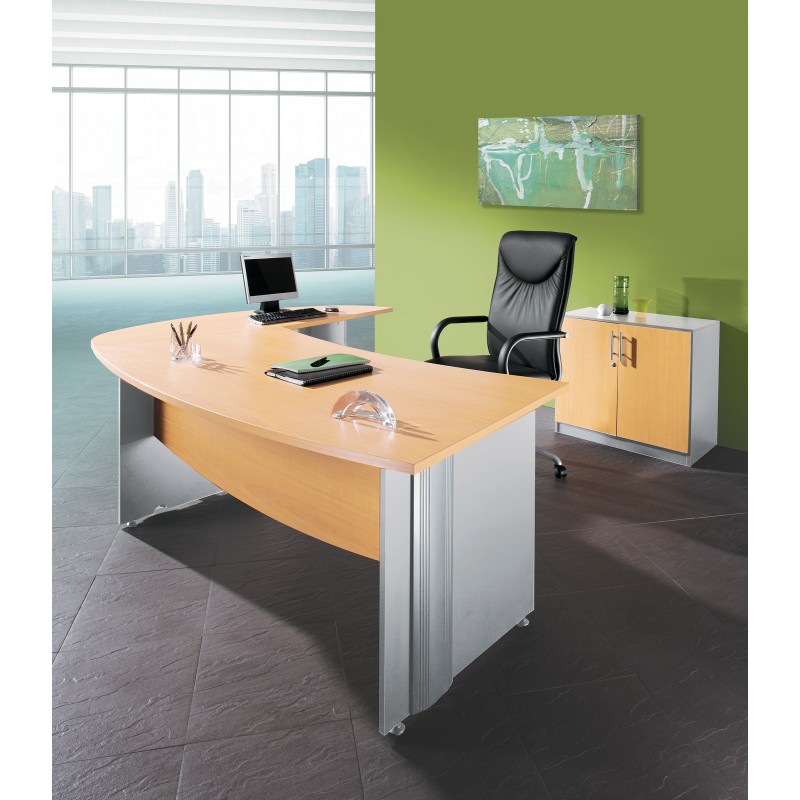 Pack Direction Activity : Bureau + retour courbes L.230 x P.192 cm - Plateau Hêtre - Pieds pleins Aluminium