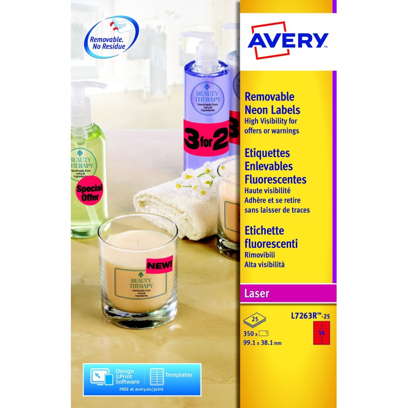 Avery L7263R Etiquettes d'identification enlevables laser 99,1 x 38,1 mm - Rouge fluorescent - Boîte de 350