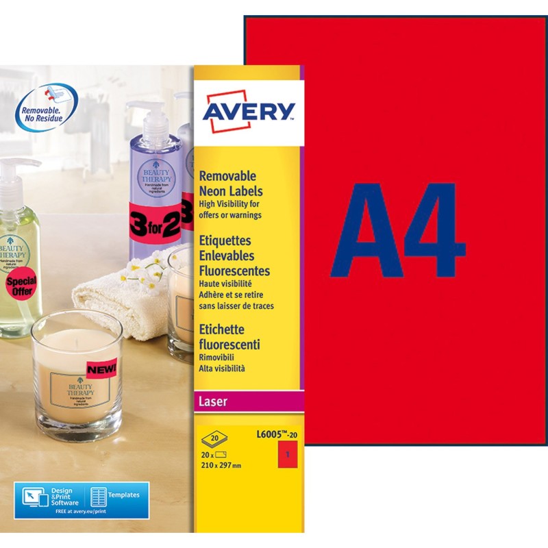 Avery L6005 Etiquettes d'identification enlevables laser A4 210 x 297 mm - Rouge fluorescent - Boîte de 20