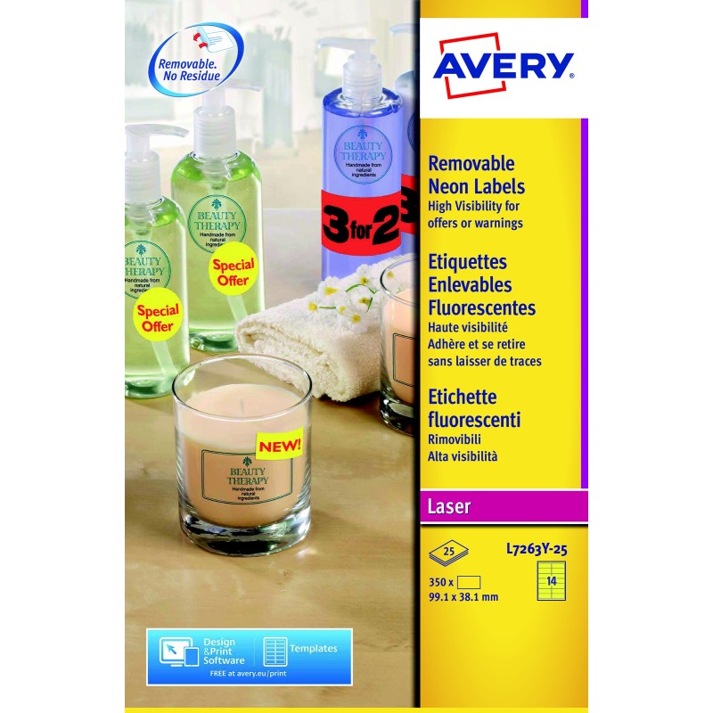 Avery L7263Y Etiquettes d'identification enlevables laser 99,1 x 38,1 mm - Jaune fluorescent - Boîte de 350