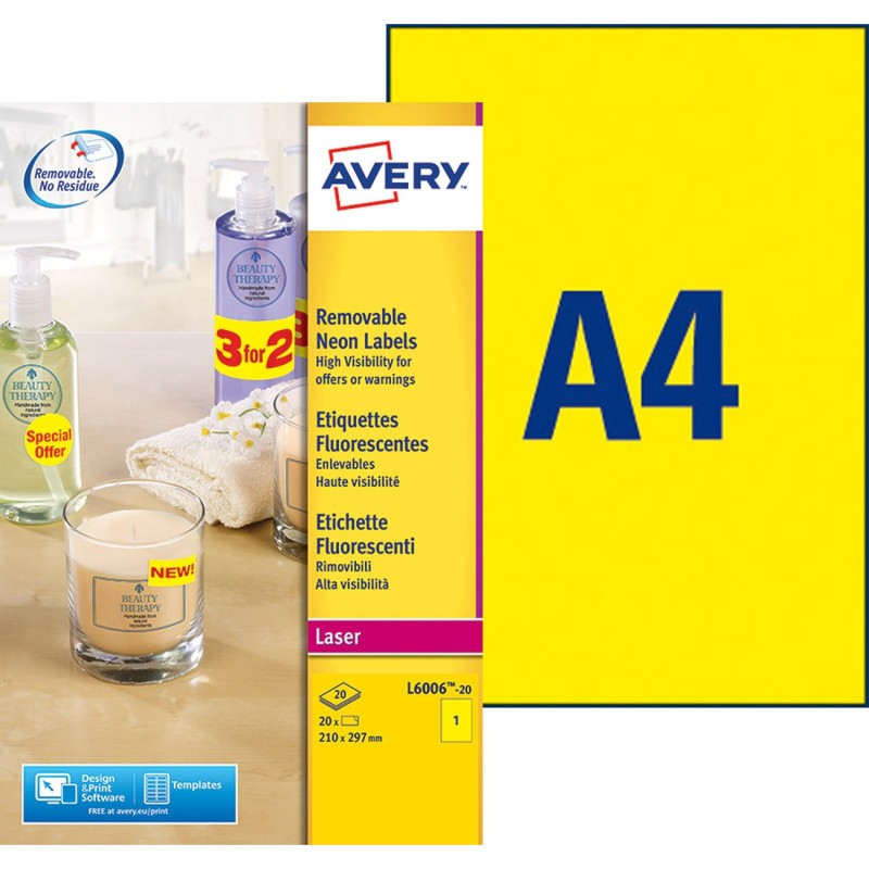 Avery L6006 Etiquettes d'identification enlevables laser A4 210 x 297 mm - Jaune fluorescent - Boîte de 20