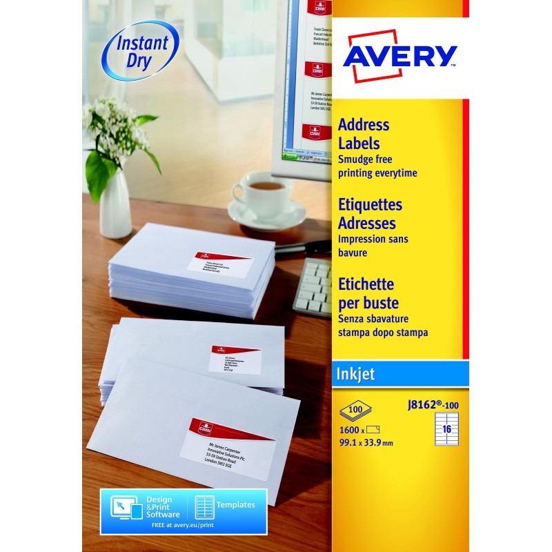 Avery J8162 Etiquettes adresses blanches jet d'encre 99,1 x 33,9 mm - Boîte de 1600
