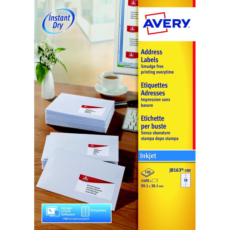 Avery J8163 Etiquettes adresses blanches jet d'encre 99,1 x 38,1 mm - Boîte de 1400